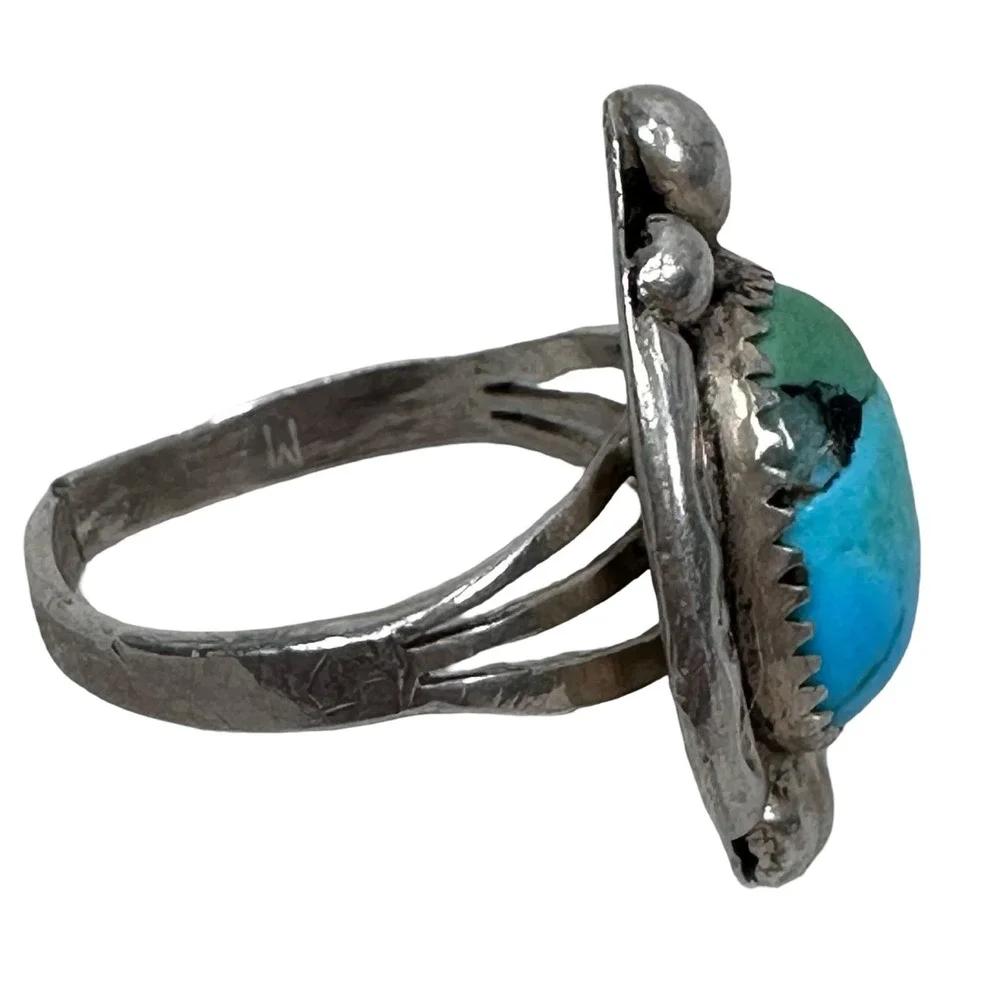 Vintage Navajo Sterling Silver Turquoise Stamped‎ Sunburst Statement Ring